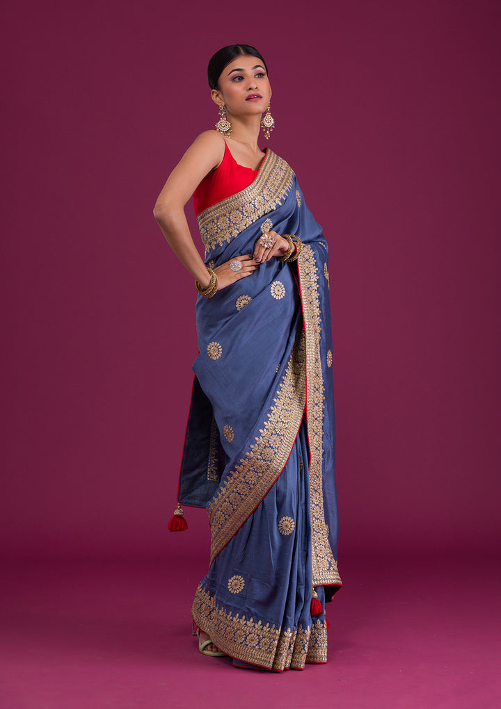 Grey Gotapatti Taffeta Silk Saree-Koskii