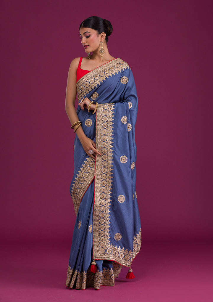 Grey Gotapatti Taffeta Silk Saree-Koskii