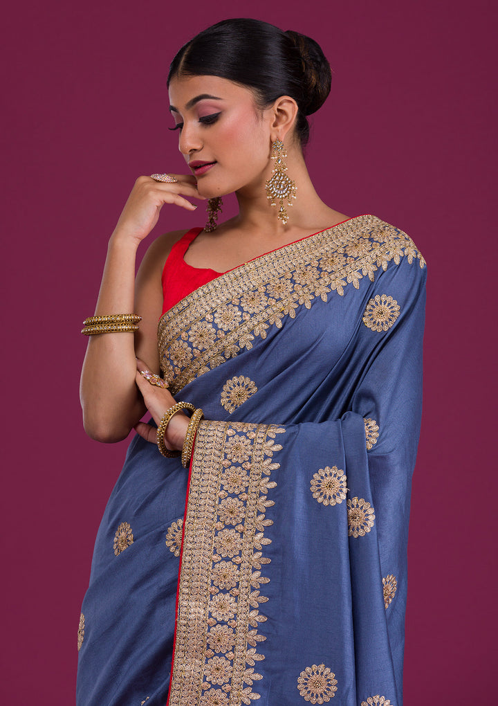 Grey Gotapatti Taffeta Silk Saree-Koskii