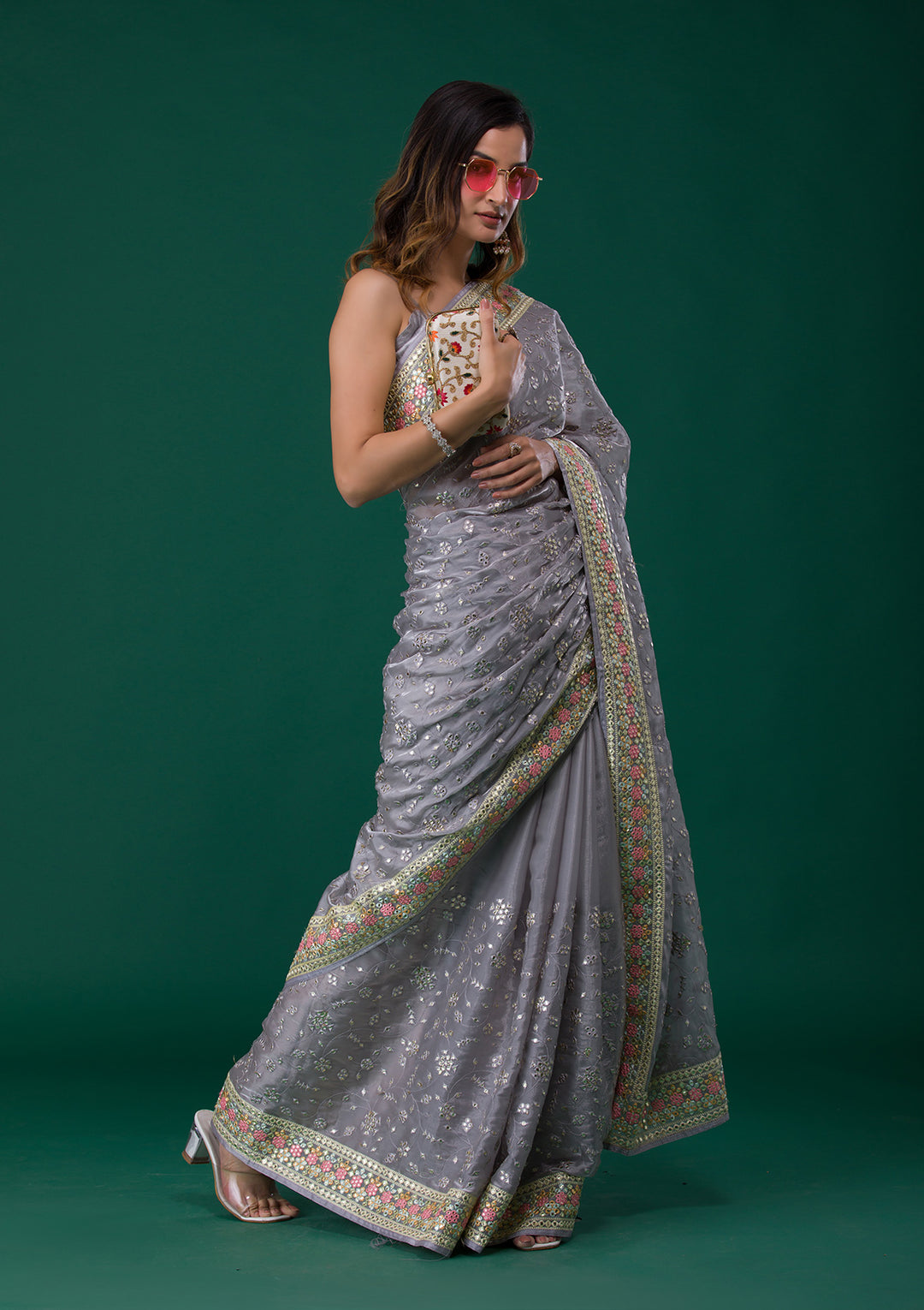 Grey Gotapatti Tissue Saree-Koskii