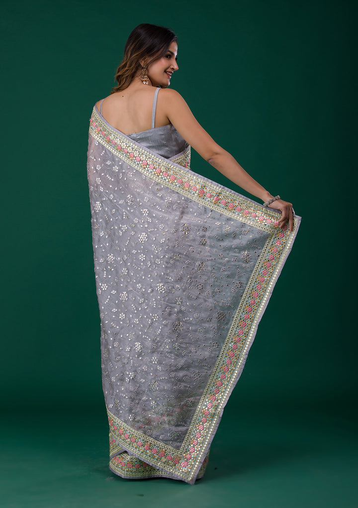 Grey Gotapatti Tissue Saree-Koskii