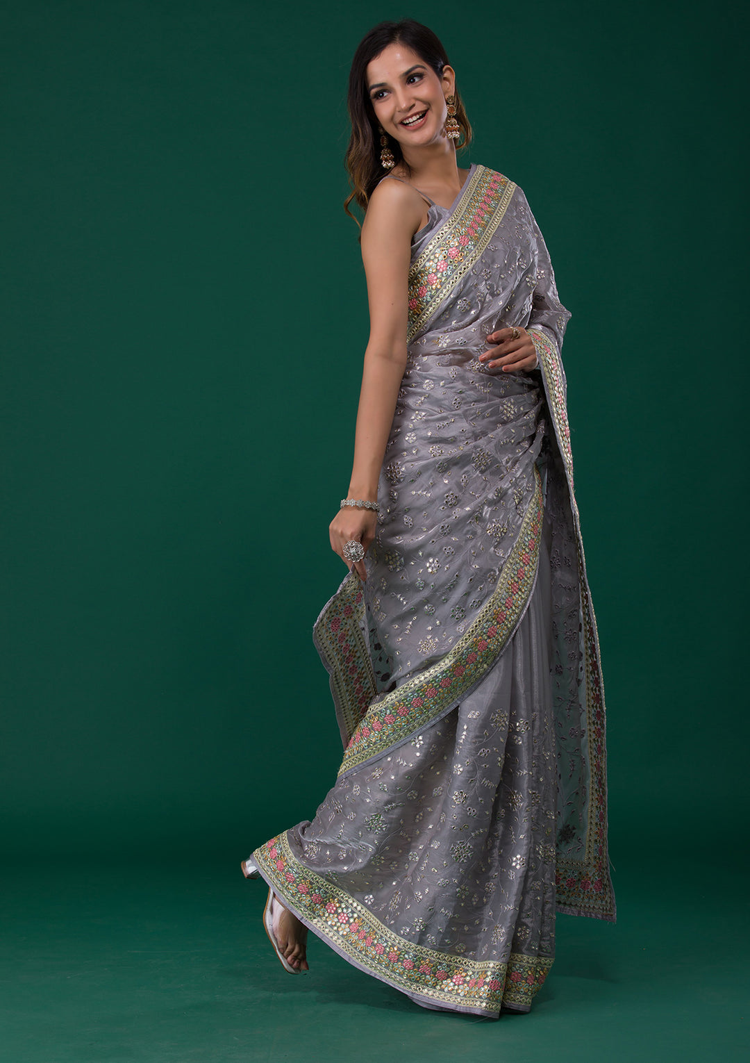 Grey Gotapatti Tissue Saree-Koskii