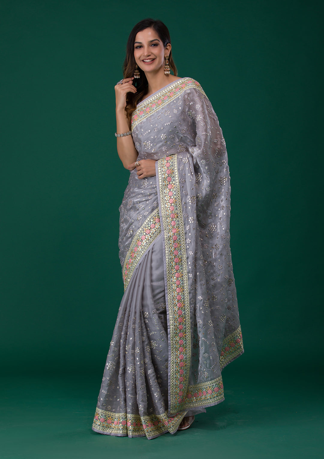Grey Gotapatti Tissue Saree-Koskii