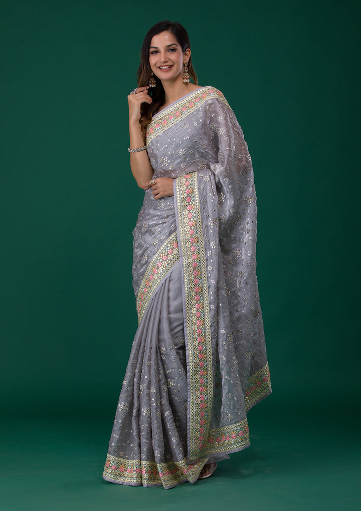 Grey Gotapatti Tissue Saree-Koskii