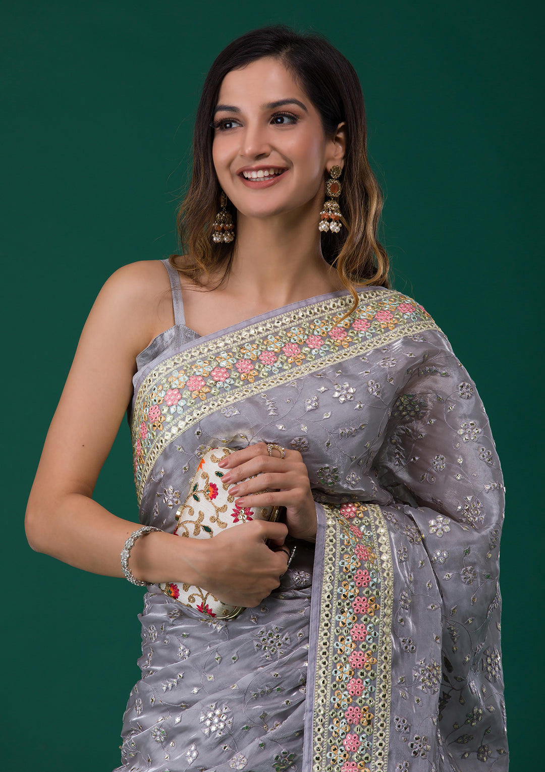 Grey Gotapatti Tissue Saree-Koskii