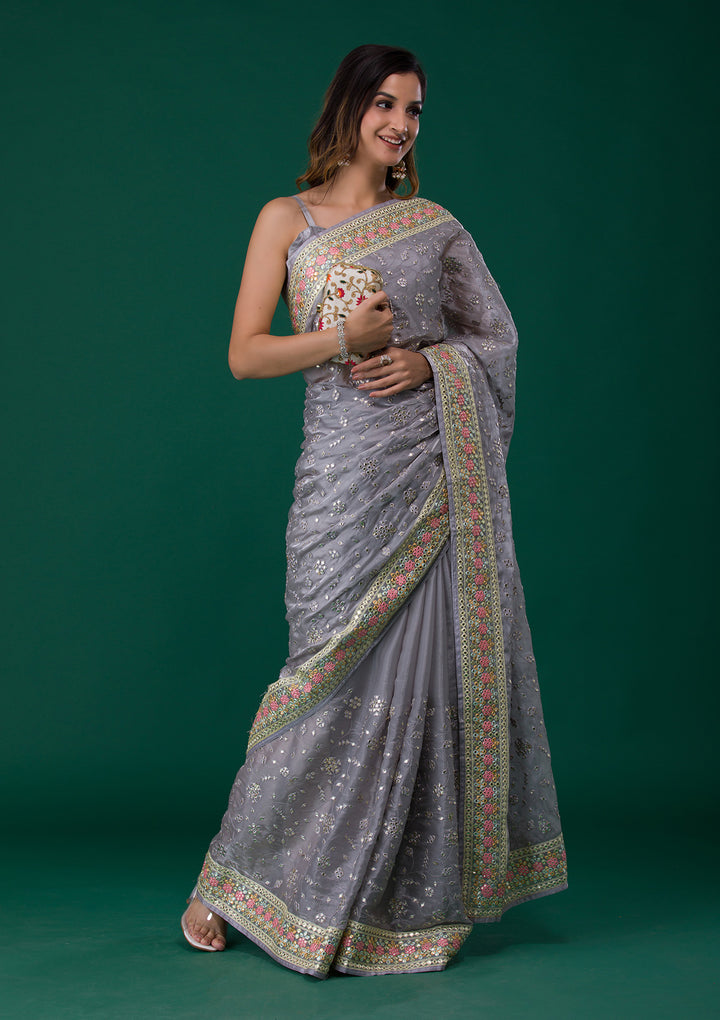 Grey Gotapatti Tissue Saree-Koskii