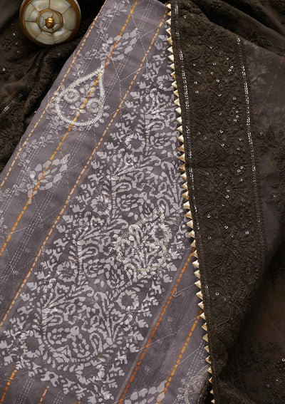 Grey Printed Chanderi Unstitched Salwar Suit-Koskii
