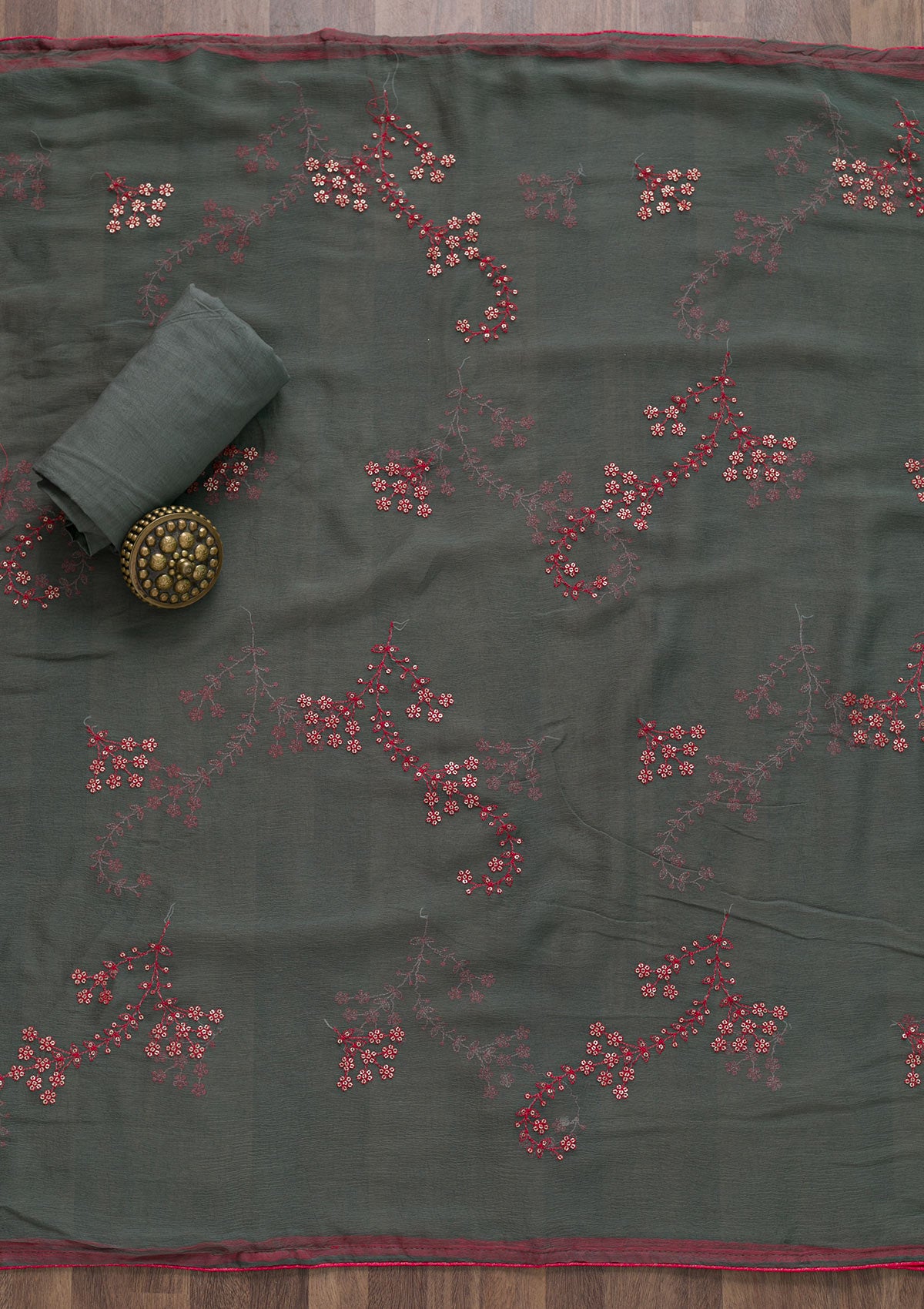 Grey Printed Semi Crepe Unstitched Salwar Suit-Koskii