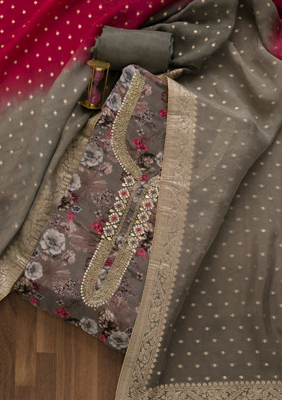 Grey Printed Tissue Unstitched Salwar Suit-Koskii