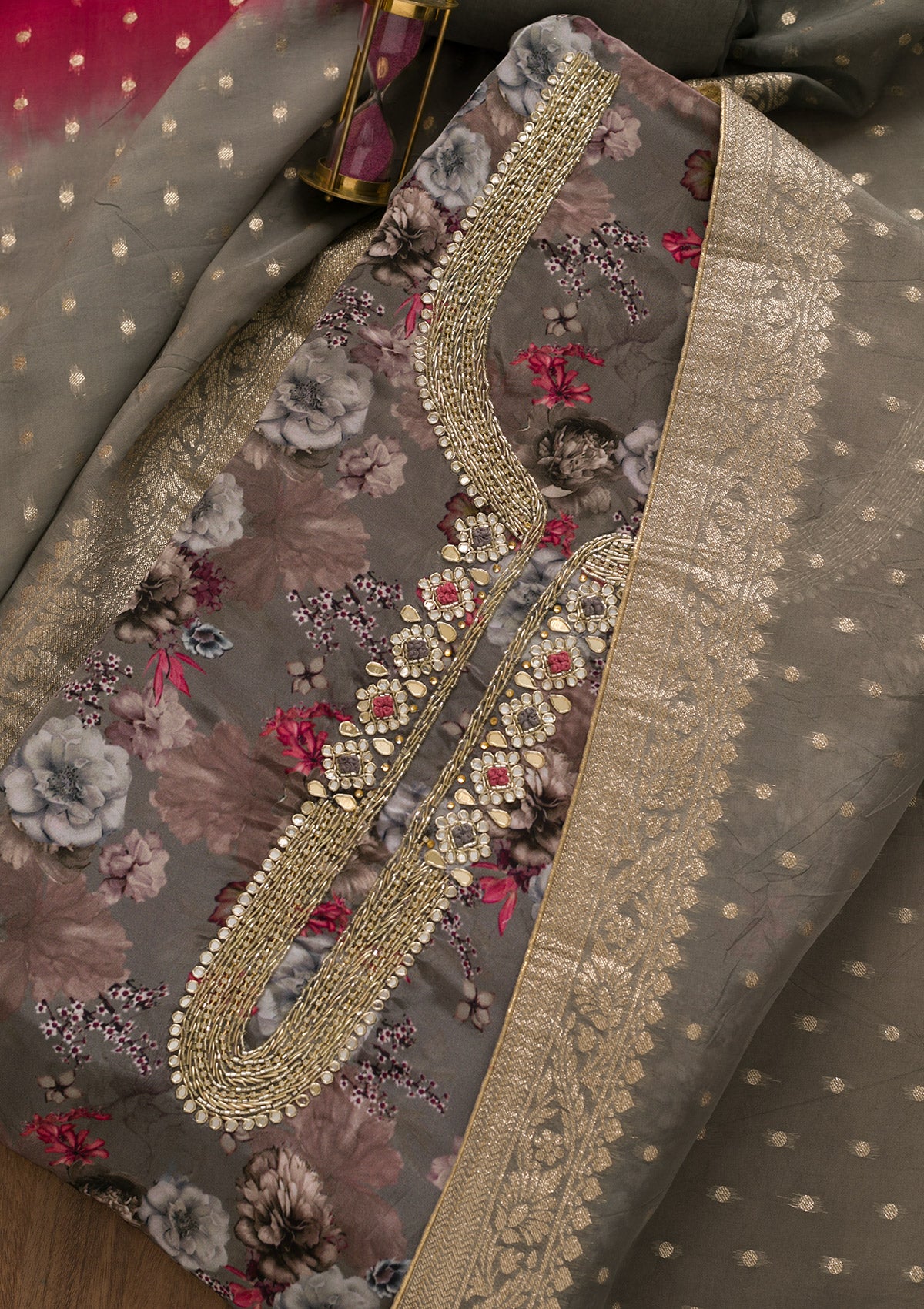Grey Printed Tissue Unstitched Salwar Suit-Koskii