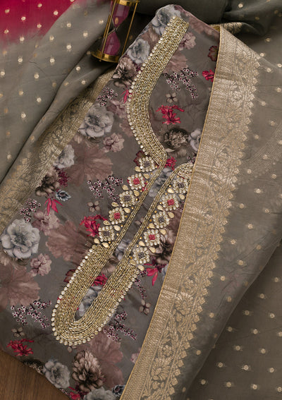 Grey Printed Tissue Unstitched Salwar Suit-Koskii