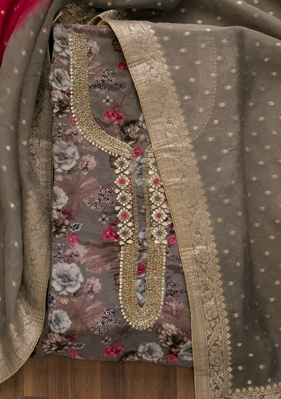 Grey Printed Tissue Unstitched Salwar Suit-Koskii