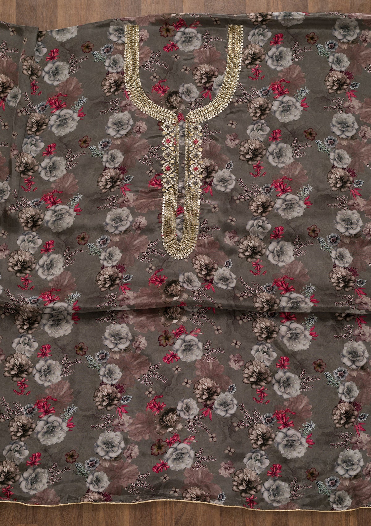 Grey Printed Tissue Unstitched Salwar Suit-Koskii