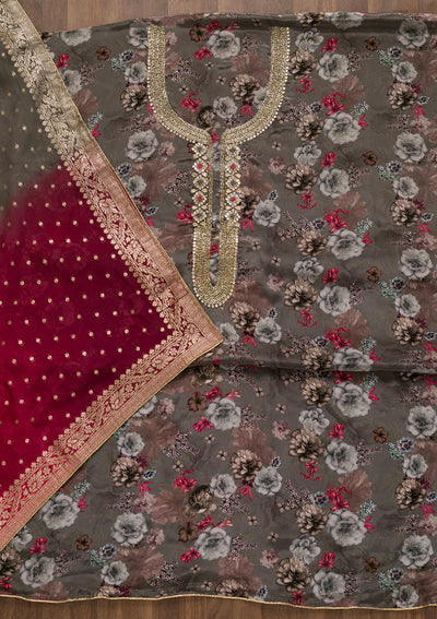 Grey Printed Tissue Unstitched Salwar Suit-Koskii