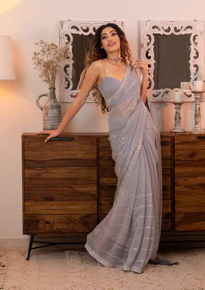 koskii grey sequins shimmer designer saree