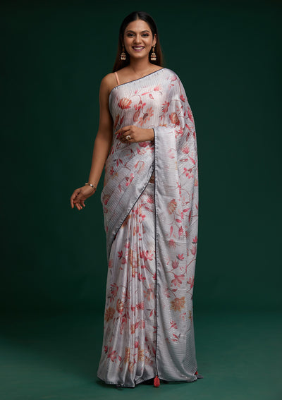 Grey Sequins Taffeta Silk Saree- Koskii