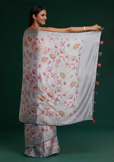 Grey Sequins Taffeta Silk Saree - Koskii