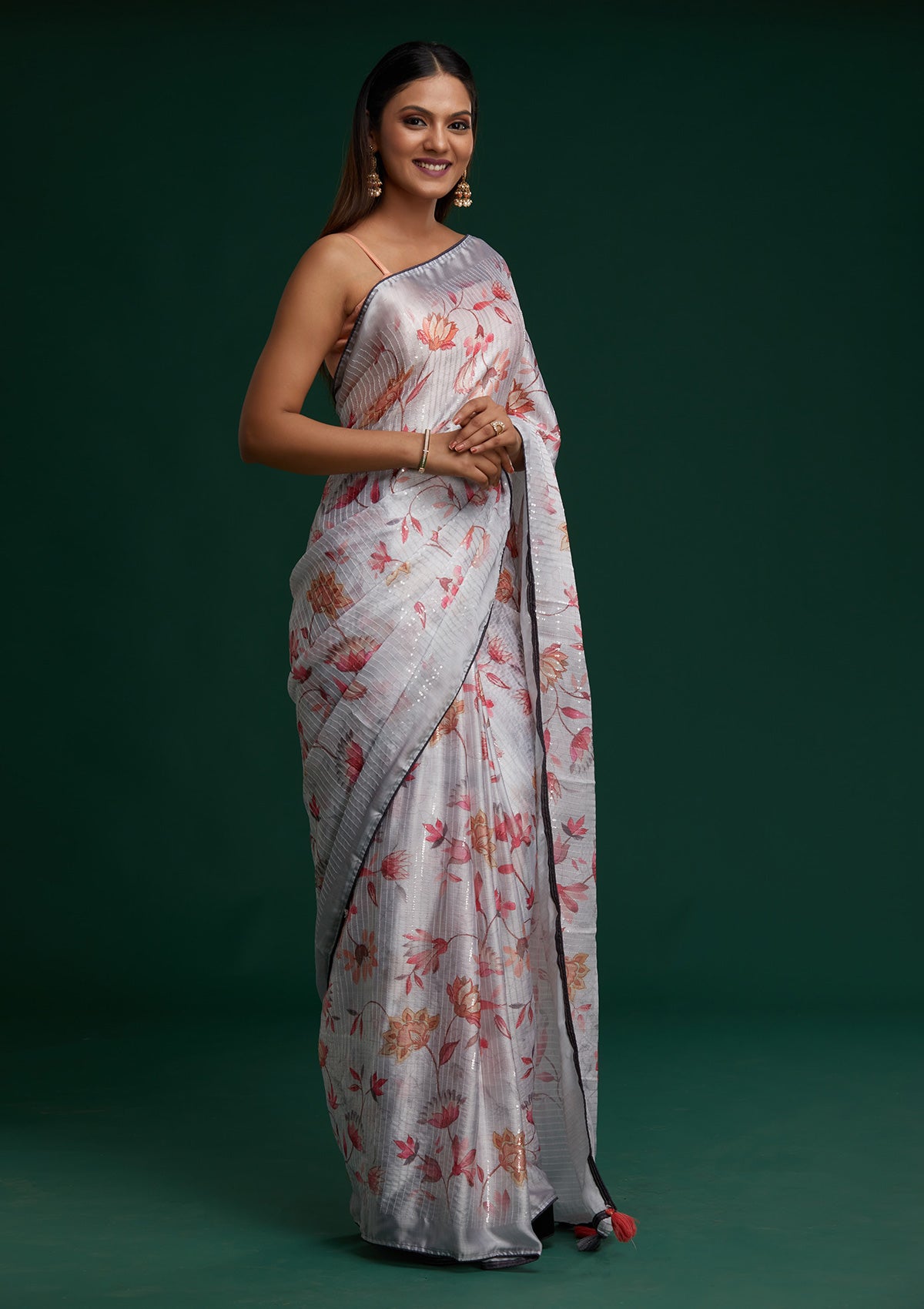 Grey Sequins Taffeta Silk Saree - Koskii