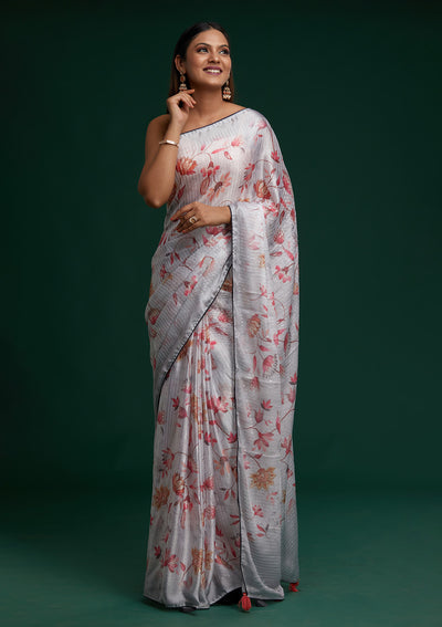Grey Sequins Taffeta Silk Saree - Koskii