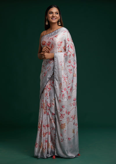 Grey Sequins Taffeta Silk Saree - Koskii