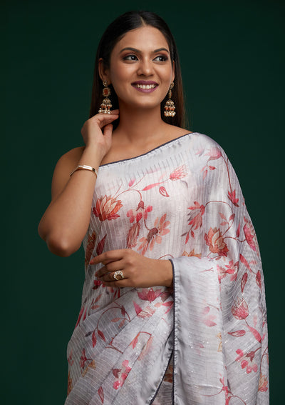 Grey Sequins Taffeta Silk Saree - Koskii