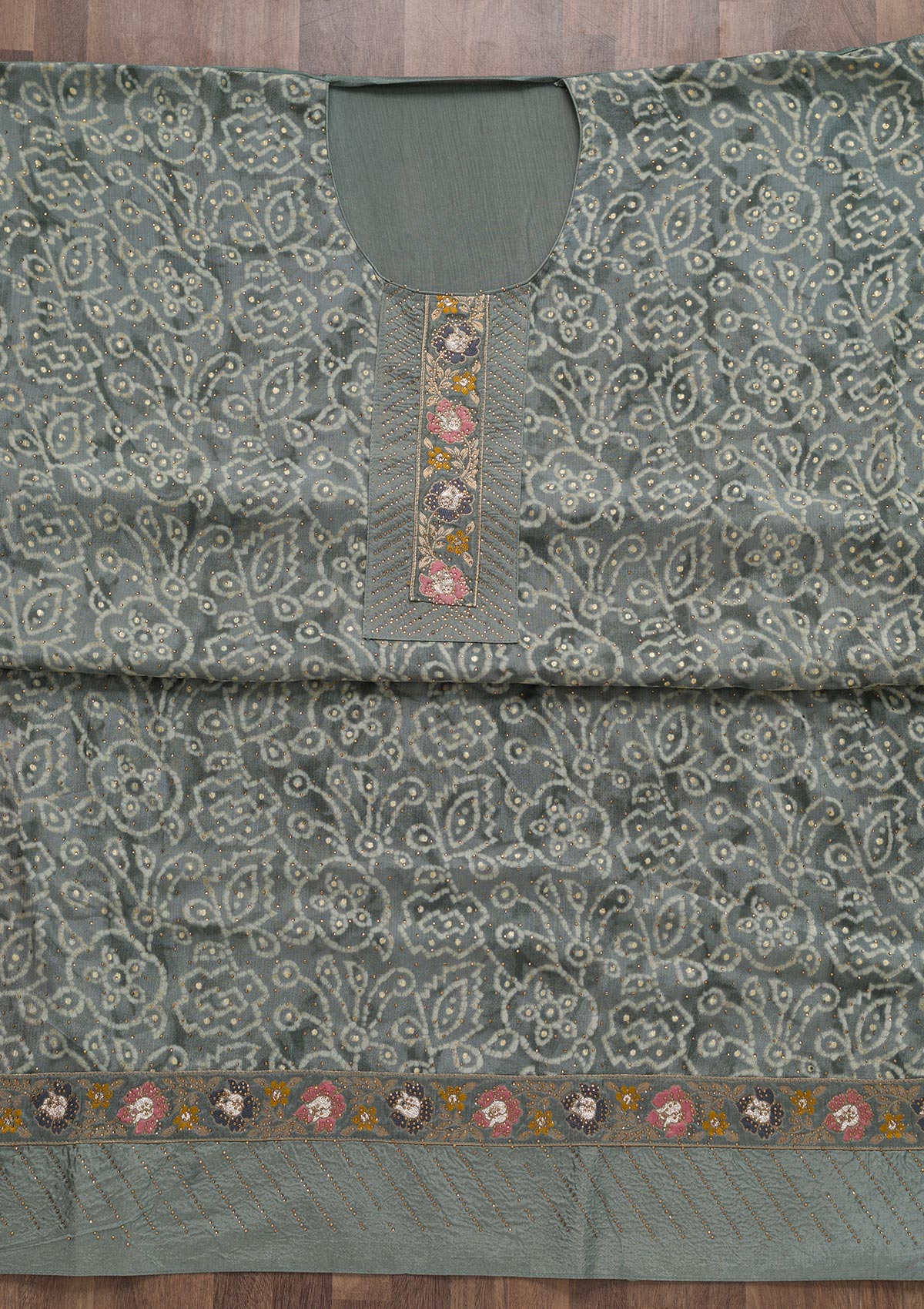 Grey Semi Crepe Swarovski Unstitched Salwar Suit-Koskii