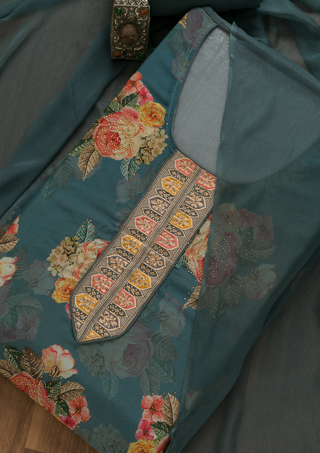 Grey Swarovski Semi Crepe Unstitched Salwar Suit-Koskii