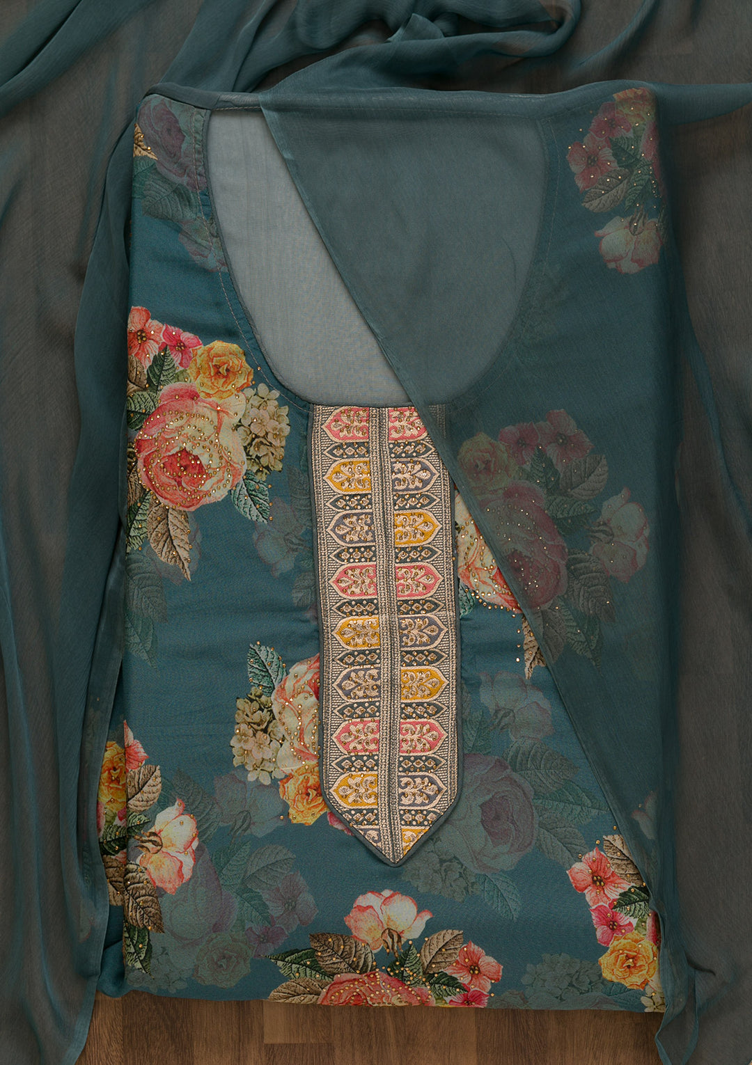 Grey Swarovski Semi Crepe Unstitched Salwar Suit-Koskii