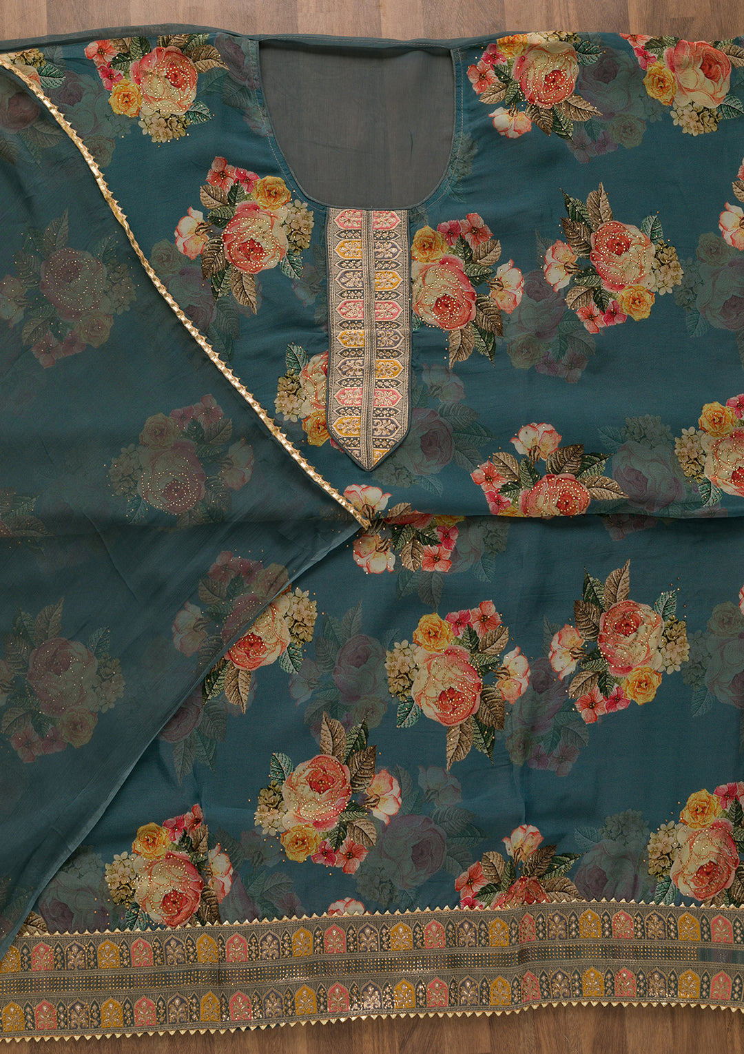 Grey Swarovski Semi Crepe Unstitched Salwar Suit-Koskii