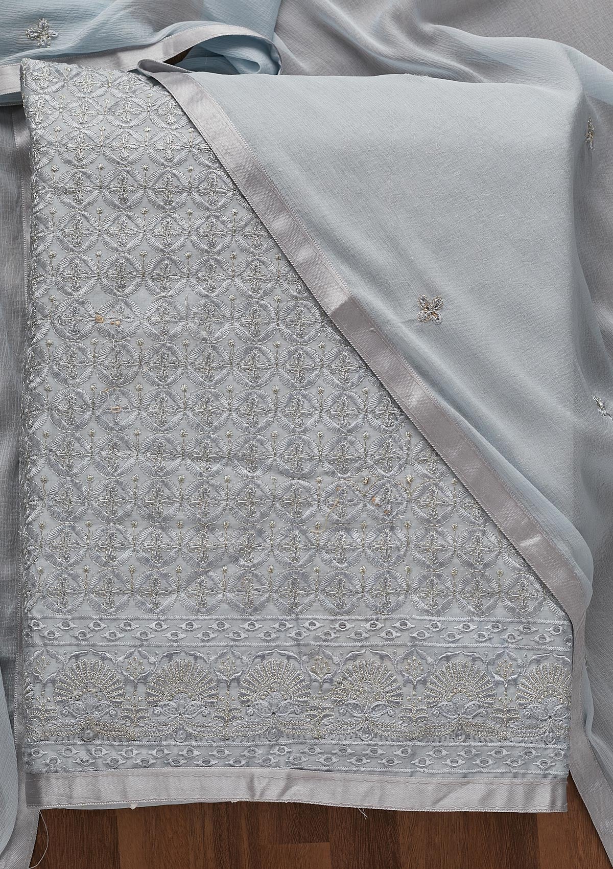 Grey Threadwork Chanderi Unstitched Salwar Suit-Koskii