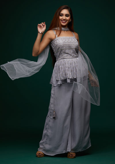 Grey Threadwork Georgette Designer Salwar Suit - Koskii