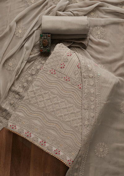 Grey Threadwork Georgette Unstitched Salwar Suit- Koskii