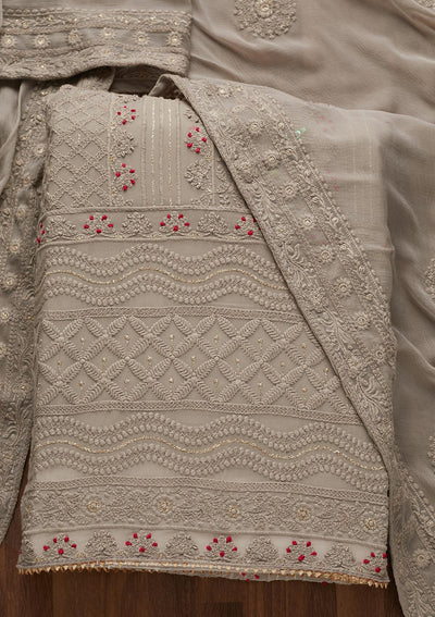 Grey Threadwork Georgette Unstitched Salwar Suit - Koskii