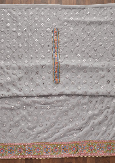 Grey Threadwork Georgette Unstitched Salwar Suit - Koskii