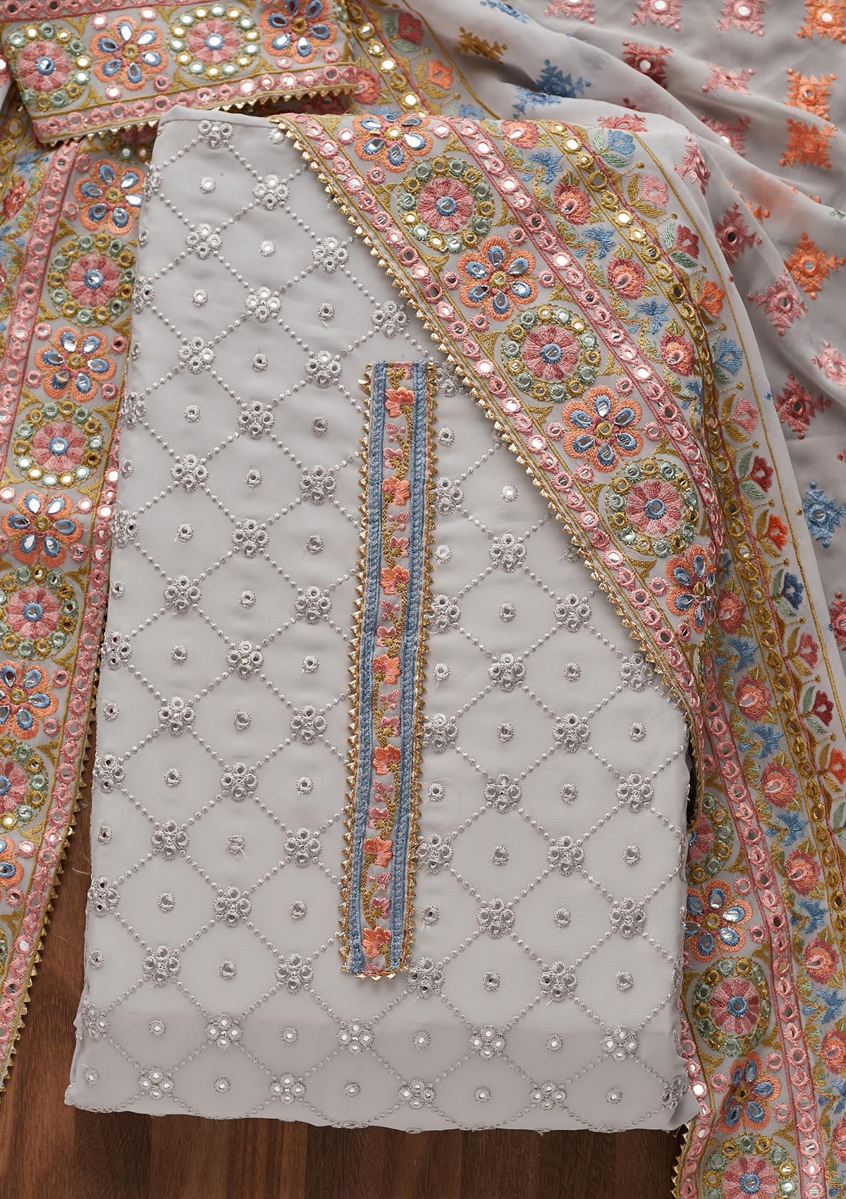 Grey Threadwork Georgette Unstitched Salwar Suit - Koskii