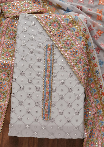 Grey Threadwork Georgette Unstitched Salwar Suit - Koskii