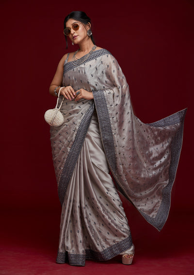 Grey Threadwork Georgette Saree- Koskii