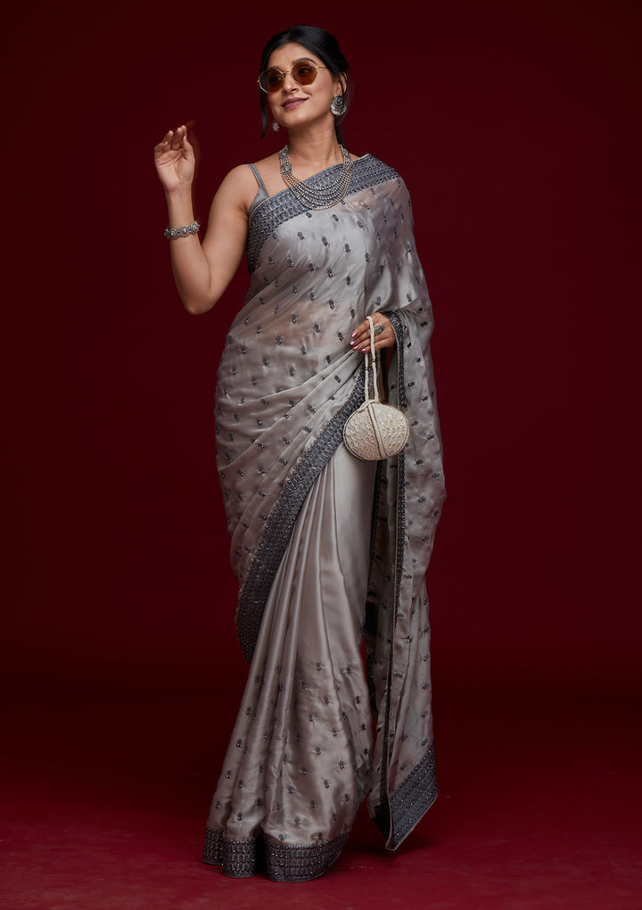 Grey Threadwork Georgette Saree - Koskii