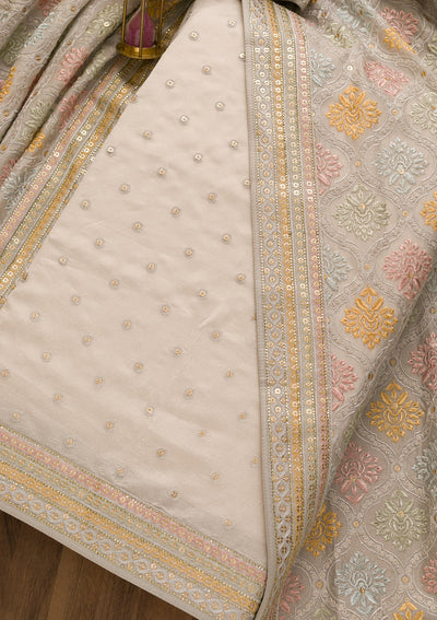 Grey Threadwork Tissue Unstitched Salwar Suit-Koskii