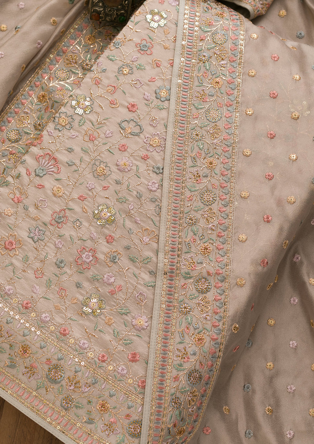 Grey Threadwork Crepe Unstitched Salwar Suit-Koskii