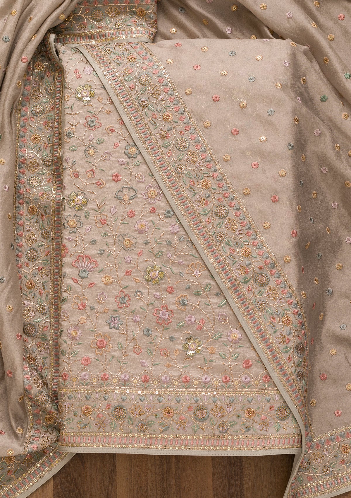 Grey Threadwork Crepe Unstitched Salwar Suit-Koskii