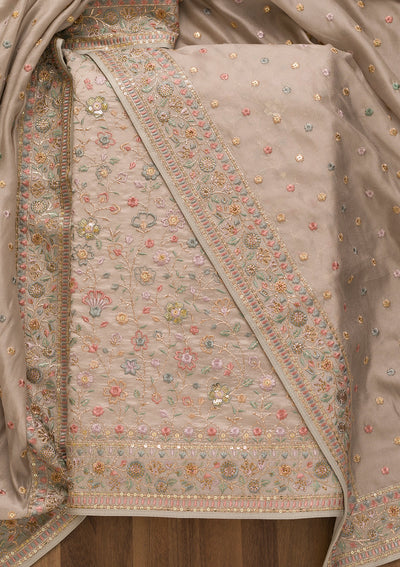 Grey Threadwork Crepe Unstitched Salwar Suit-Koskii