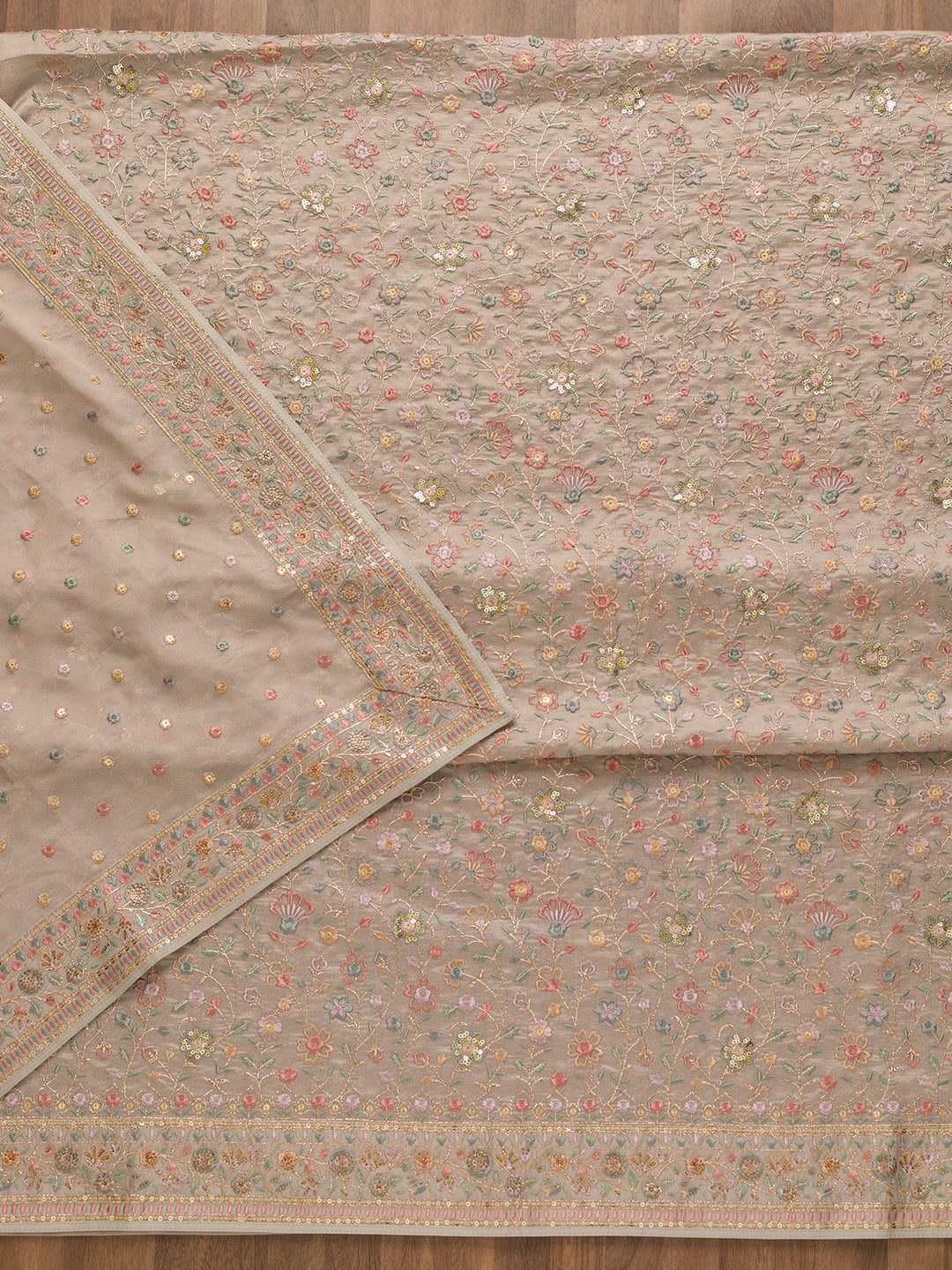 Grey Threadwork Crepe Unstitched Salwar Suit-Koskii