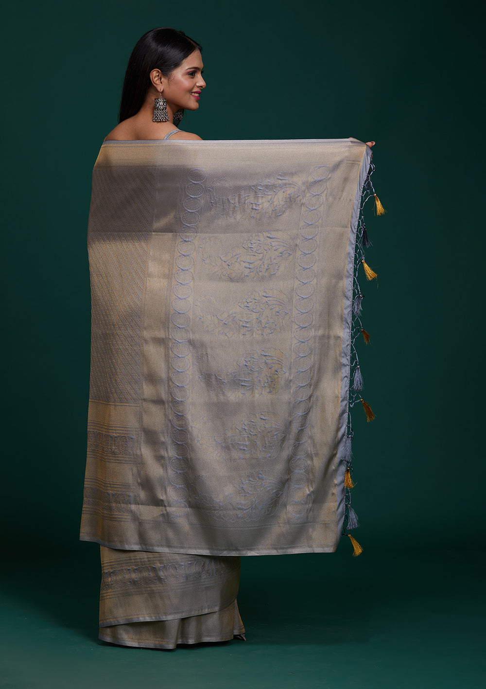 Grey Zariwork Art Silk Saree-Koskii