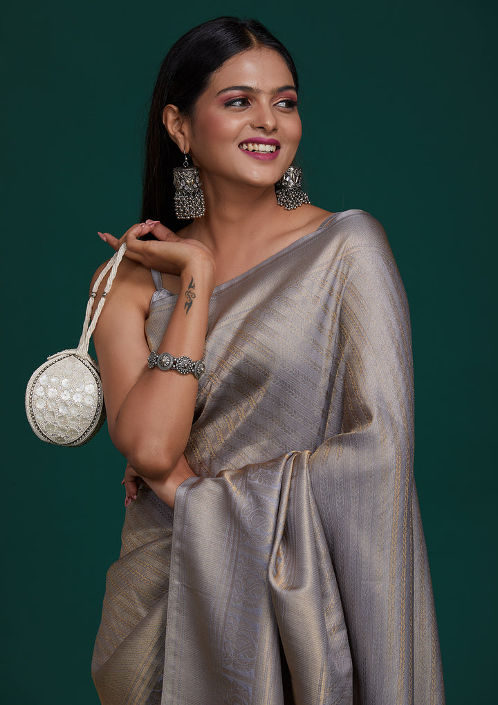 Grey Zariwork Art Silk Saree-Koskii