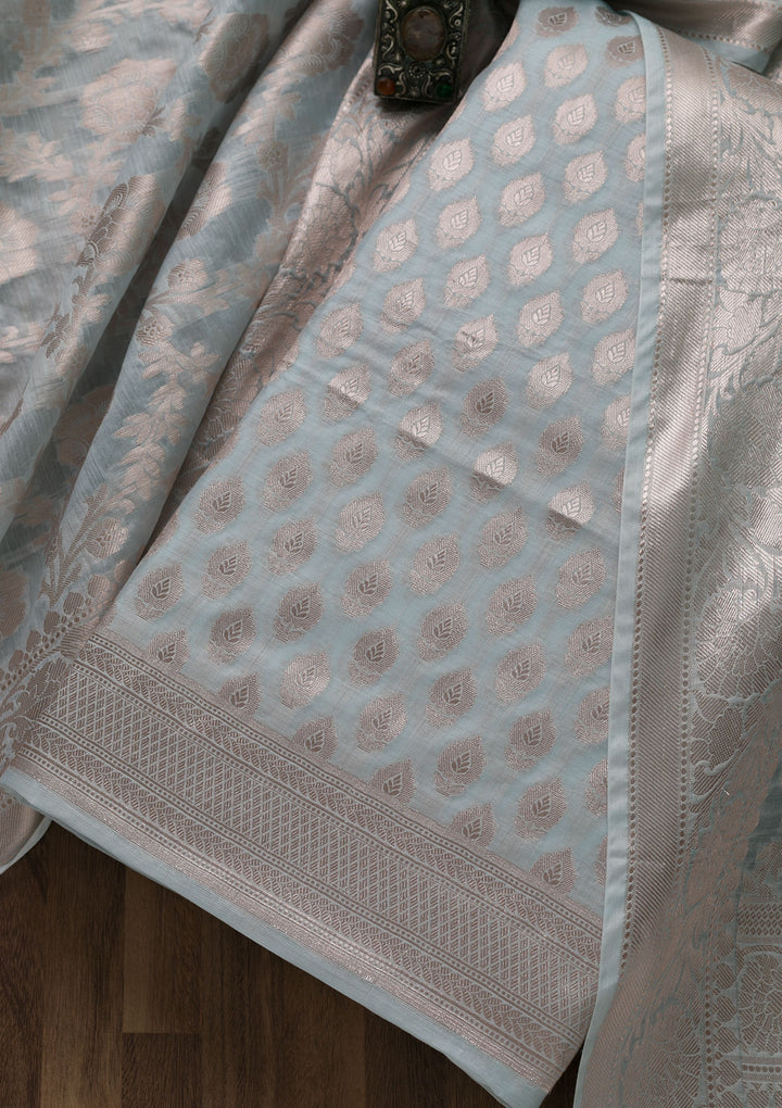 Grey Zariwork Banarasi Unstitched Salwar Suit-Koskii