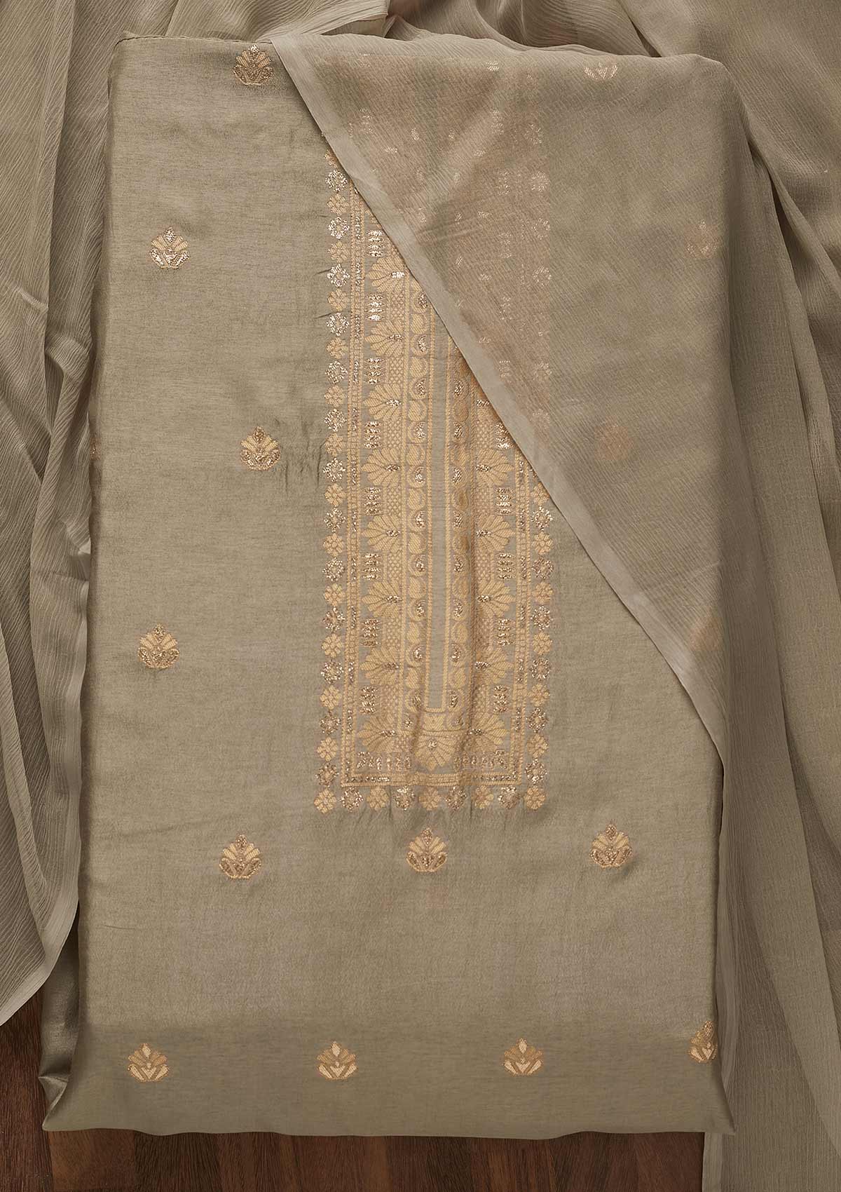 Grey Zariwork Art Silk Unstitched Salwar Suit-Koskii