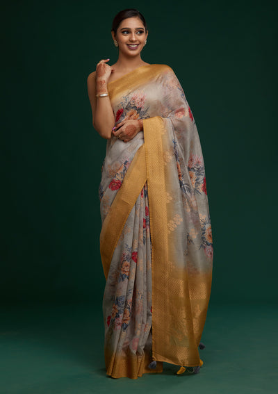 Grey Zariwork Taffeta Silk Saree- Koskii