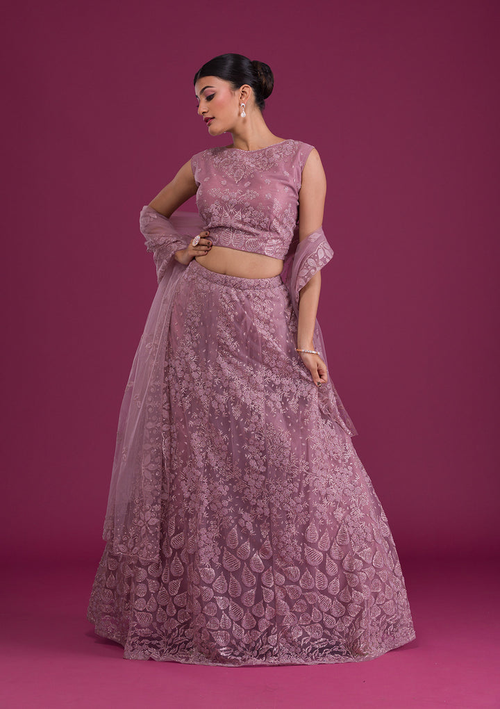 Lavender Cutdana Net Readymade Lehenga-Koskii