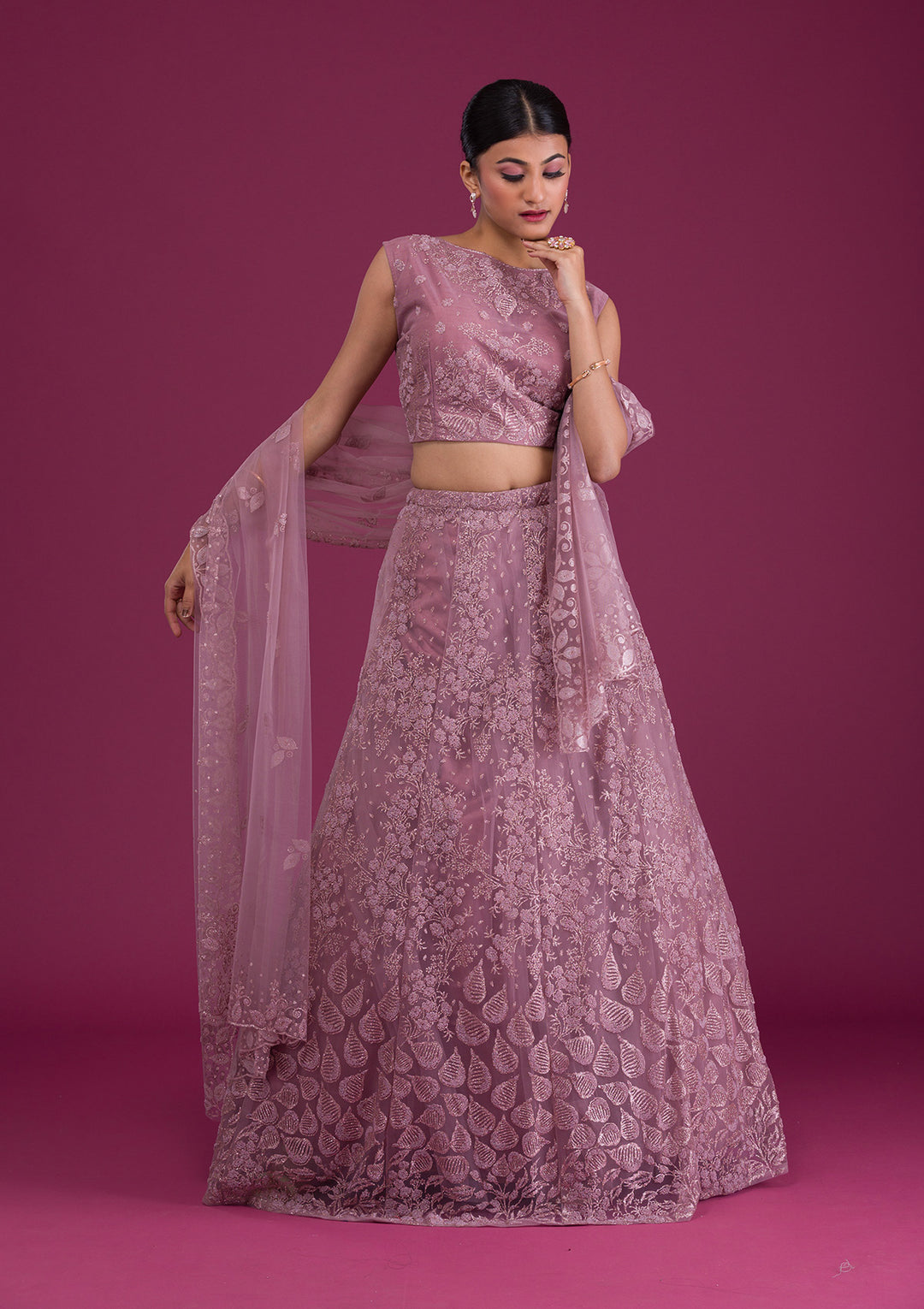 Lavender Cutdana Net Readymade Lehenga-Koskii